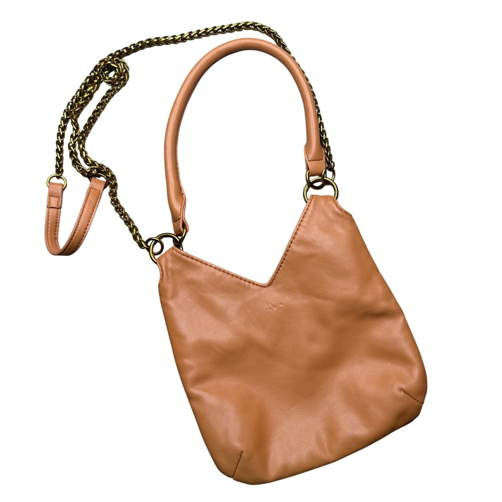 Anthropologie vegan Leather Crossbody Bag Small Tan Chain Strap Boho minimalist